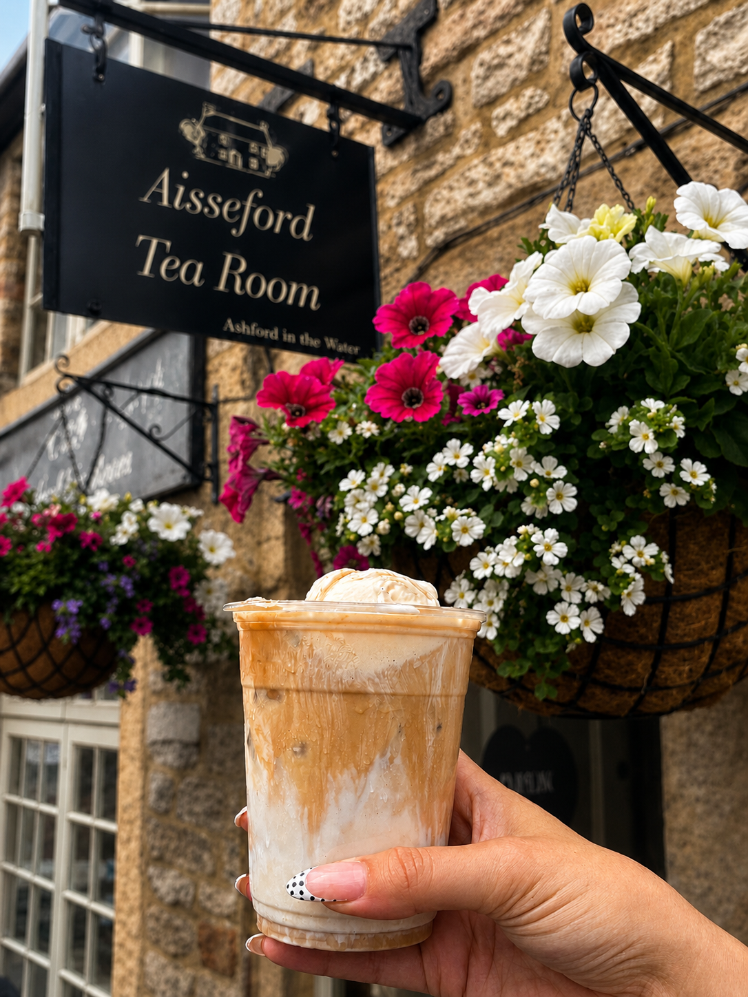 A drink outside Aisseford Tea Room